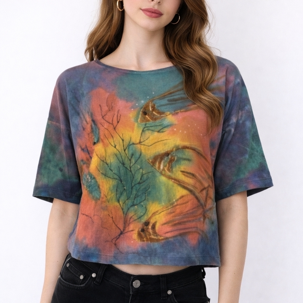 VTG ARTISAN Ocean Fish Tie Dye Cropped Short Sleeve Graphic Festival T-shirt